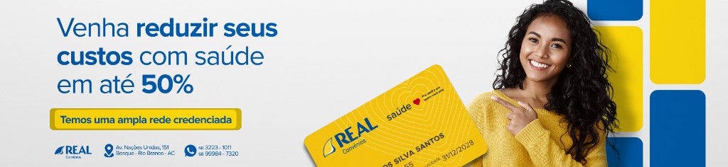 Reduza custos com saúde em até 50% — Real Convênios, rede credenciada ampla. Endereço e contatos na arte.